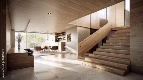 Wooden modern interior space, minimalistic clean design with natural material
