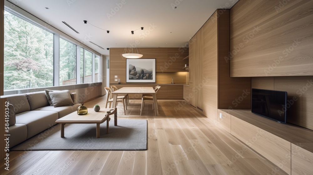 Wooden modern interior space, minimalistic clean design with natural material Wooden modern interior space, minimalistic clean design with natural material