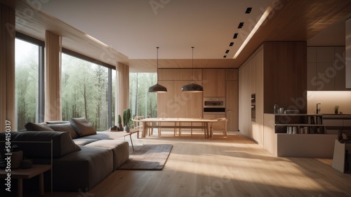 Wooden modern interior space, minimalistic clean design with natural material © Dniel