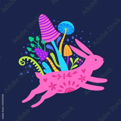 a vector magenta bunny jumping among mushrooms