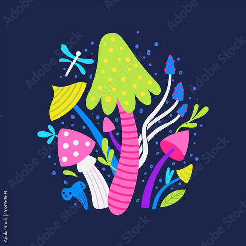 vector image of mushrooms with a dragonfly