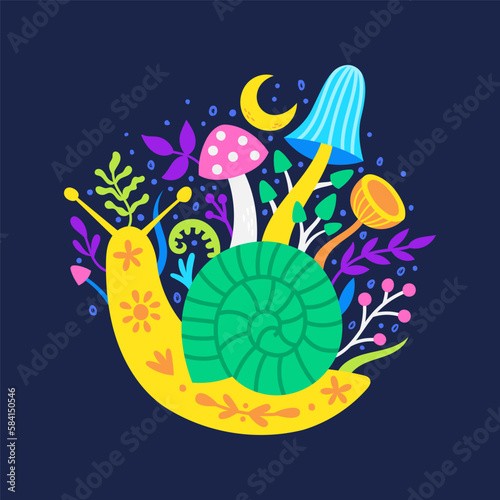 vector image of a snail with mushrooms
