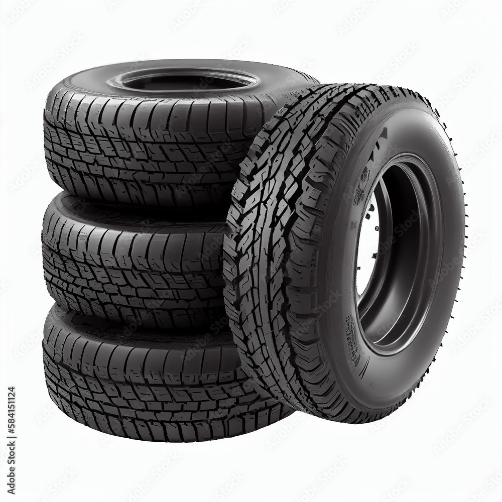 Set of four trailer tires for a boat trailer, white background, Generative AI