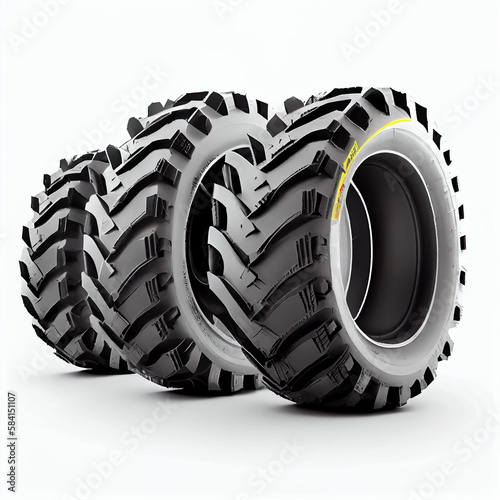 Set of four tractor tires for agricultural use, white background, Generative AI