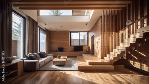 Wooden modern interior space, minimalistic clean design with natural material