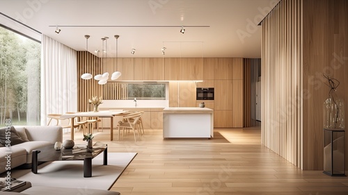 Wooden modern interior space, minimalistic clean design with natural material