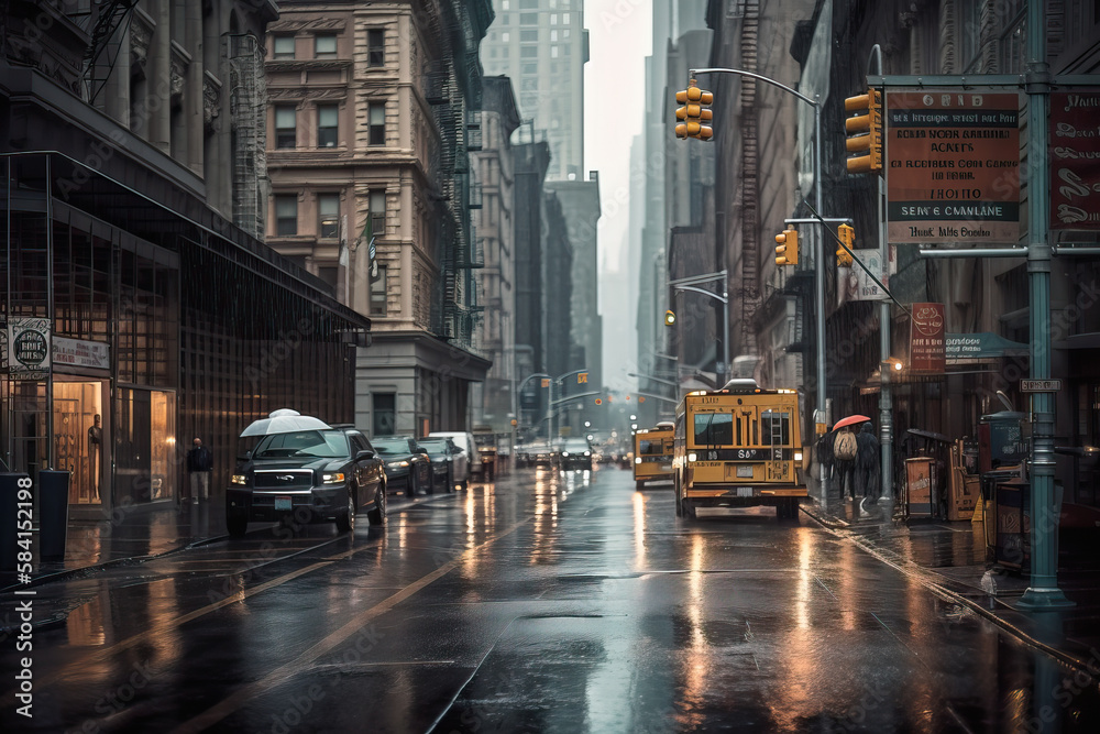 Foggy street scene in New York City. Ai generated
