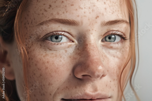 Portrait of woman with blue eyes and freckles. Generative Ai