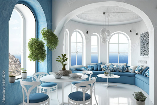 modern santorini interior design with spring decoration, generative AI