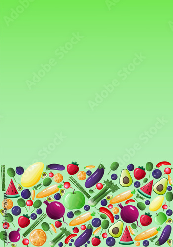Fruits and vegetables background with space for text.  Border, frame from fruits for menu cover, app, website, flyer. Vector illustration.