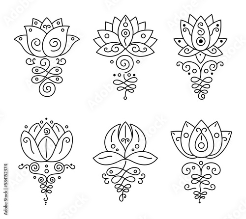 Fototapeta Naklejka Na Ścianę i Meble -  Unalome lotus. Bohemian flower tattoo, buddhism life path sign and zen geometry. Beauty and wellness symbol