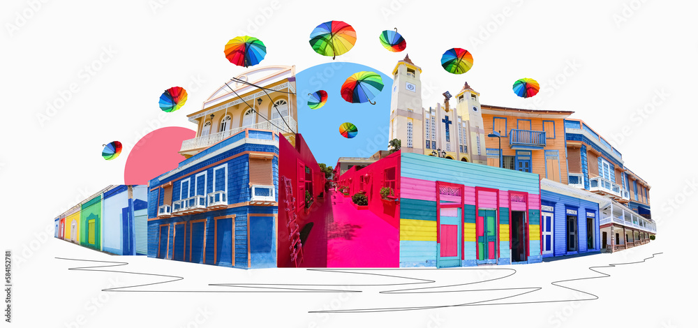 Colorful buildings in center of Puerto Plata, Dominican Republic. Collage. Pink street with green plants, windows, street lams, caribbean entourage in old city victorian style. Art design