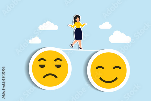 Relaxation make anxiety or stressed to happy, optimistic relief or metal illness therapy, bipolar disorder or mindful thinking concept, depressed woman walk the line from sadness to smile face.
