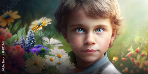Happy boy and flowers. Child and wildflowers. Kid with flower bouquet in blooming garden, floral glade bloom meadow. Floral greeting card for mother's day, father's day, birthday. Generative ai model