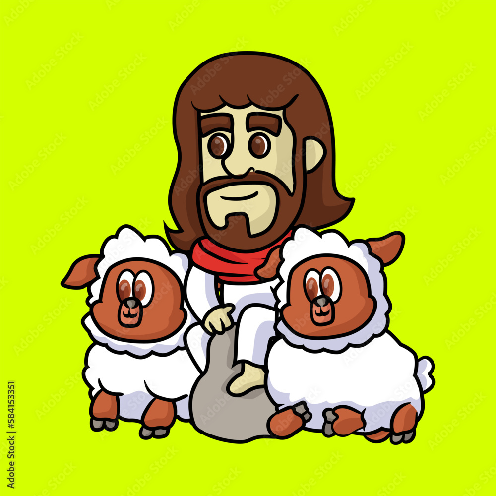 Fototapeta premium Lord Jesus was sitting on a rock and 2 lambs accompanying him