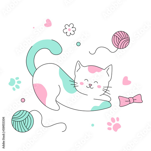 A happy kitten is playing with a bow and balls of thread. Vector illustrations for printing on children s t-shirts  posters  fabrics  greeting cards  baby shower