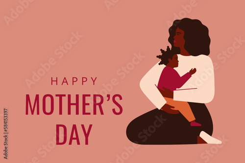 African American mother holds on knees her female child and embraces with love and care. Mother's day greeting card with black woman and her small daughter. Vector illustration