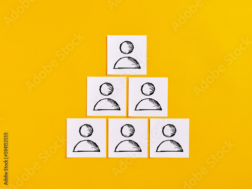 Organizational hierarchy. Human resources management, staffing and business recruitment. Work team. White note papers with employee or user symbols.