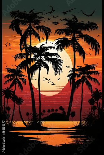 Tropical Beach Sunset with Palm Trees  Nature s Beauty Silhouette Illustration