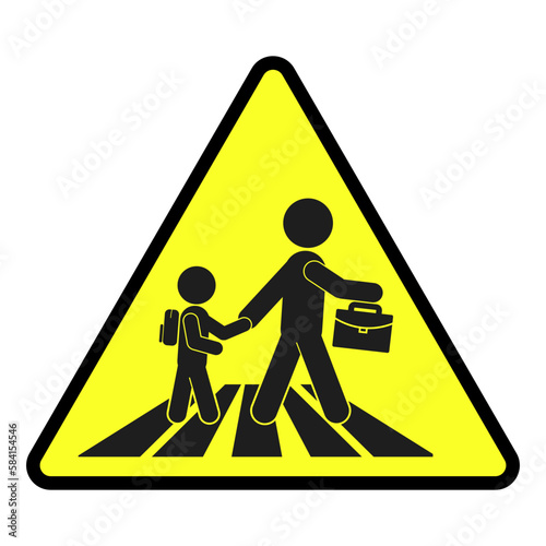 Isolated vector illustration of round yellow black triangle sign man or father hold his son or child hand while walking with briefcase and backpack, a pedestrian crossing