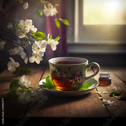 A cozy scene of a floral tea cup filled with warm brew, sitting beside a gentle spray of spring blossoms, invoking a sense of peaceful reflection