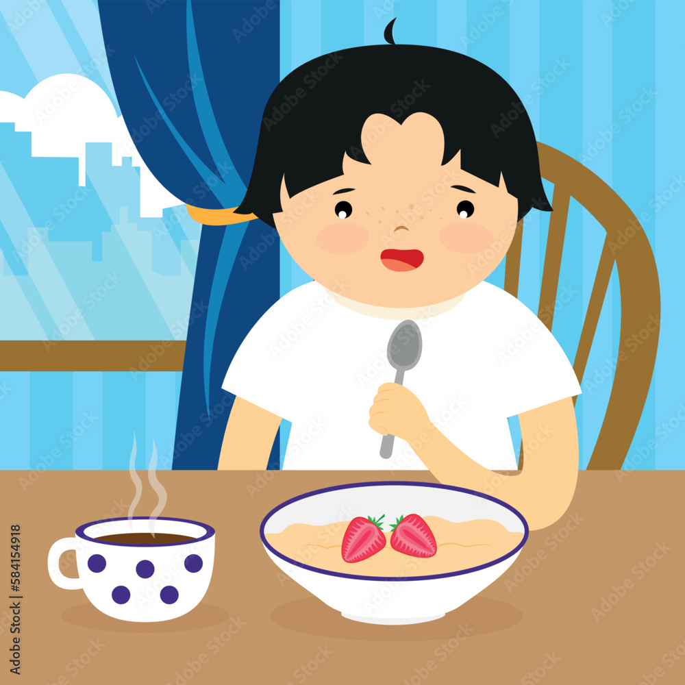 Little boy eating breakfast. Vector illustration in a flat style on a blue background. Little boy eating breakfast. Vector illustration in a flat style on a blue background.