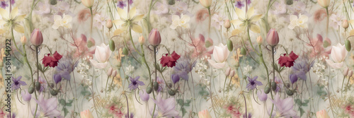 Spring flowers wallpaper. Elegant flowers texture. Seamless repeat pattern for wallpaper, fabric and paper packaging, curtains, duvet covers, pillows, digital print design. Digital ai art photo