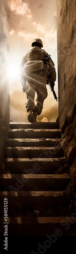 generative ai illustration of soldier climbing the stairway to heaven