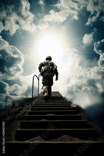 generative ai illustration of soldier climbing the stairway to heaven © epiximages