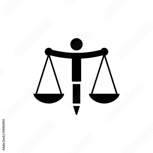 Scales of justice with an abstract silhouette of a man and a pen.
