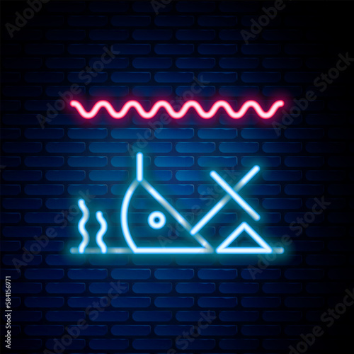 Glowing neon line Sunken ship at the bottom of the sea icon isolated on brick wall background. Colorful outline concept. Vector