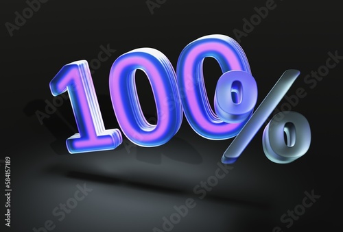 Numeral One hundred with percent sign in glassmorphism style on dark isolated background 3d render