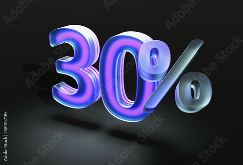 Numeral Thirty with percent sign in glassmorphism style on dark isolated background 3d render