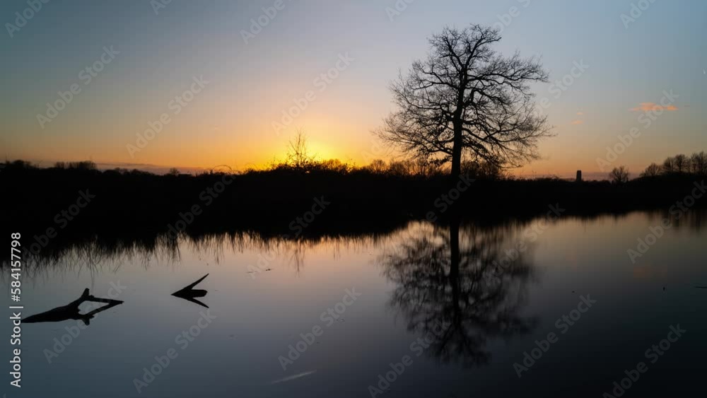 Silhouette of driftwood in perfectly calm lake water reflecting sunset, time lapse Silhouette of driftwood in perfectly calm lake water reflecting sunset, time lapse