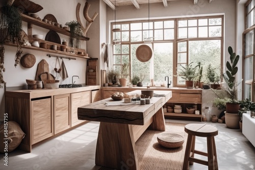 Beautiful, natural bohemian kitchen. Wooden kitchen cabinet, concrete countertop, plaster walls, concrete floor. Scandinavian Boho interior with stunning landscape. Generative AI