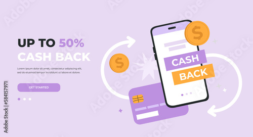 Landing page of cash back concept. Refund money, online payment transaction. Hand drawn vector illustration isolated on purple background, modern flat cartoon style