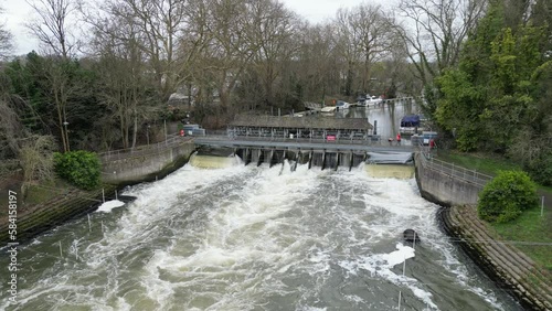 Shepperton Weir river Thames Surrey UK close up drone aerial view photo