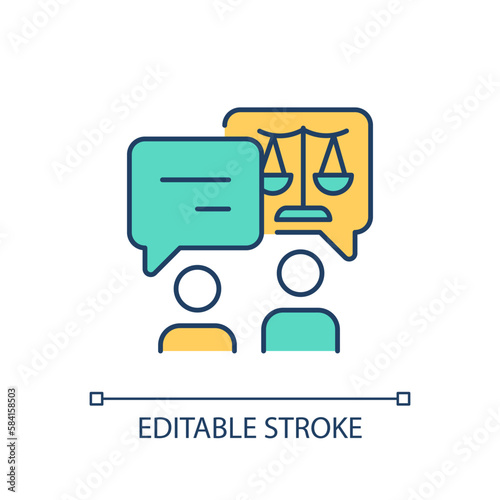 Lawyer consultation RGB color icon. Share information about laws and rights. Advocacy organization assessment. Isolated vector illustration. Simple filled line drawing. Editable stroke