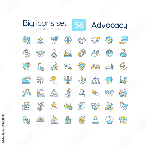Advocacy RGB color icons set. Social activities for human rights. Attorney practice. Legal support. Isolated vector illustrations. Simple filled line drawings collection. Editable stroke