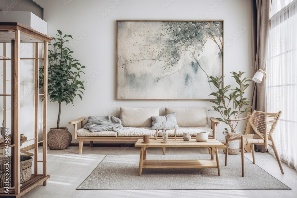 Fototapeta premium Wabi sabi living room interior watercolor artwork on white backdrop. Generative AI