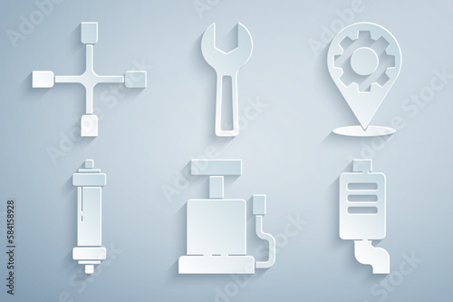 Set Car air pump, service, Shock absorber, muffler, Wrench spanner and Wheel wrench icon. Vector