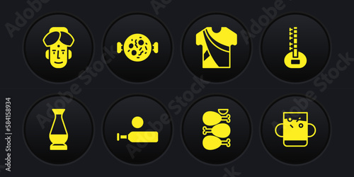 Set Indian vase, Sitar, Wood cricket bat and ball, Tandoori chicken, man dress, Chicken tikka masala, Cup of tea leaf and icon. Vector