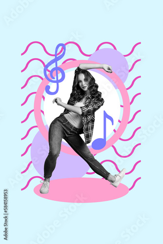 Vertical creative collage image of dancing hip hop rap have fun pretty cool girl party disco event holiday festive occasion advertising