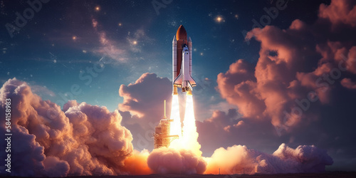 The space shuttle launches on a journey into the night sky. launch of a rocket into space Concept for the Artemis manned space program - Generative AI