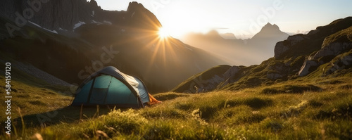 French Alps mountaintop tent pitched at dawn - Generative AI