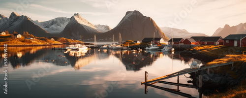 Sunrise over the water at Lofoten, Norway. little harbor - Generative AI