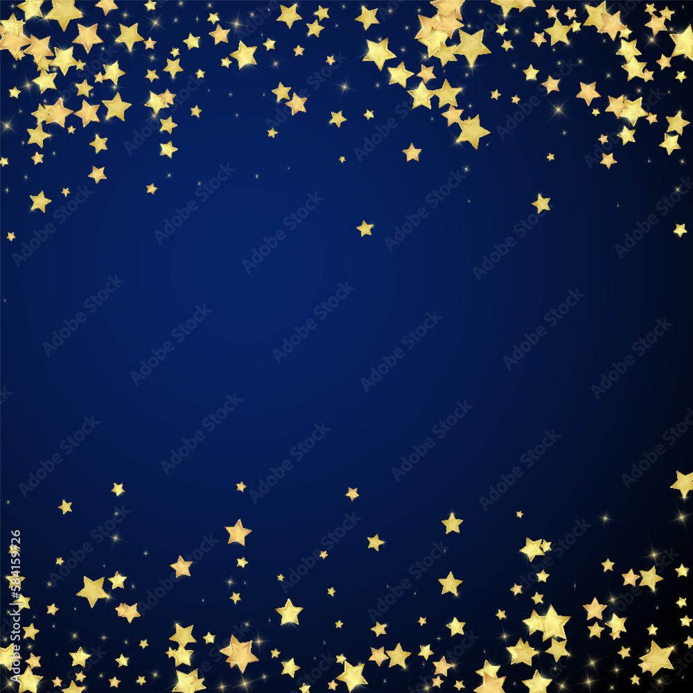 Magic stars vector overlay. Gold stars scattered around randomly, falling down, floating. Chaotic dreamy childish overlay template. on dark blue background. Magic stars vector overlay. Gold stars scattered around randomly, falling down, floating. Chaotic dreamy childish overlay template. on dark blue background.