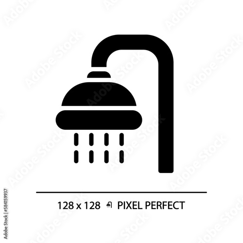 Shower pixel perfect black glyph icon. Public bathroom for visitors. Body washing equipment. Personal hygiene. Silhouette symbol on white space. Solid pictogram. Vector isolated illustration