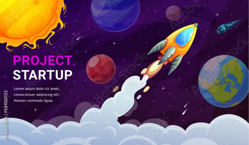 Startup project, fast start. Landing page space. Cartoon rocket launch, and space solar system planets on business project startup banner, vector background, company internet site homepage template