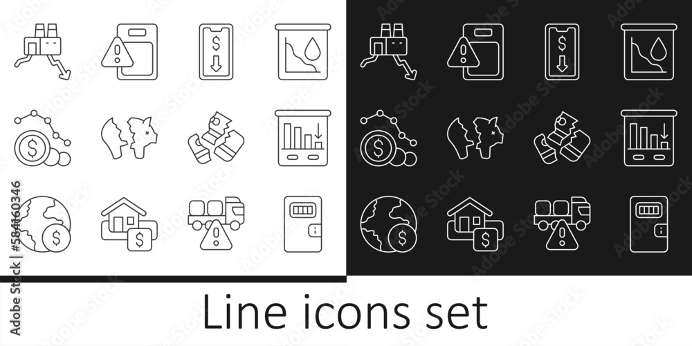 Set line Prison cell door, Pie chart infographic, Mobile stock trading, Broken piggy bank, Dollar rate decrease, Shutdown of factory, Credit card and Global economic crisis icon. Vector Set line Prison cell door, Pie chart infographic, Mobile stock trading, Broken piggy bank, Dollar rate decrease, Shutdown of factory, Credit card and Global economic crisis icon. Vector